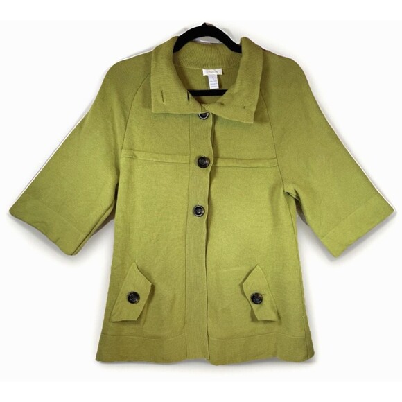 Chicos Sweater Cardigan Jacket Womens Sz 1 Medium Lime Green Button Front - Picture 1 of 7
